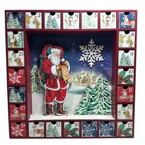 Wooden‎ Christmas Scene Advent Calendar 24 Removable Boxes Santa Countdown 16x16